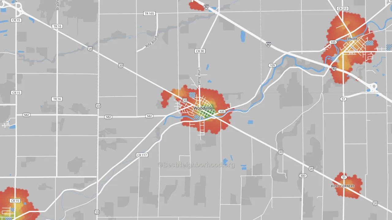 Walk Grade map of Woodville, OH, walkable areas in green and car-dependent areas in red