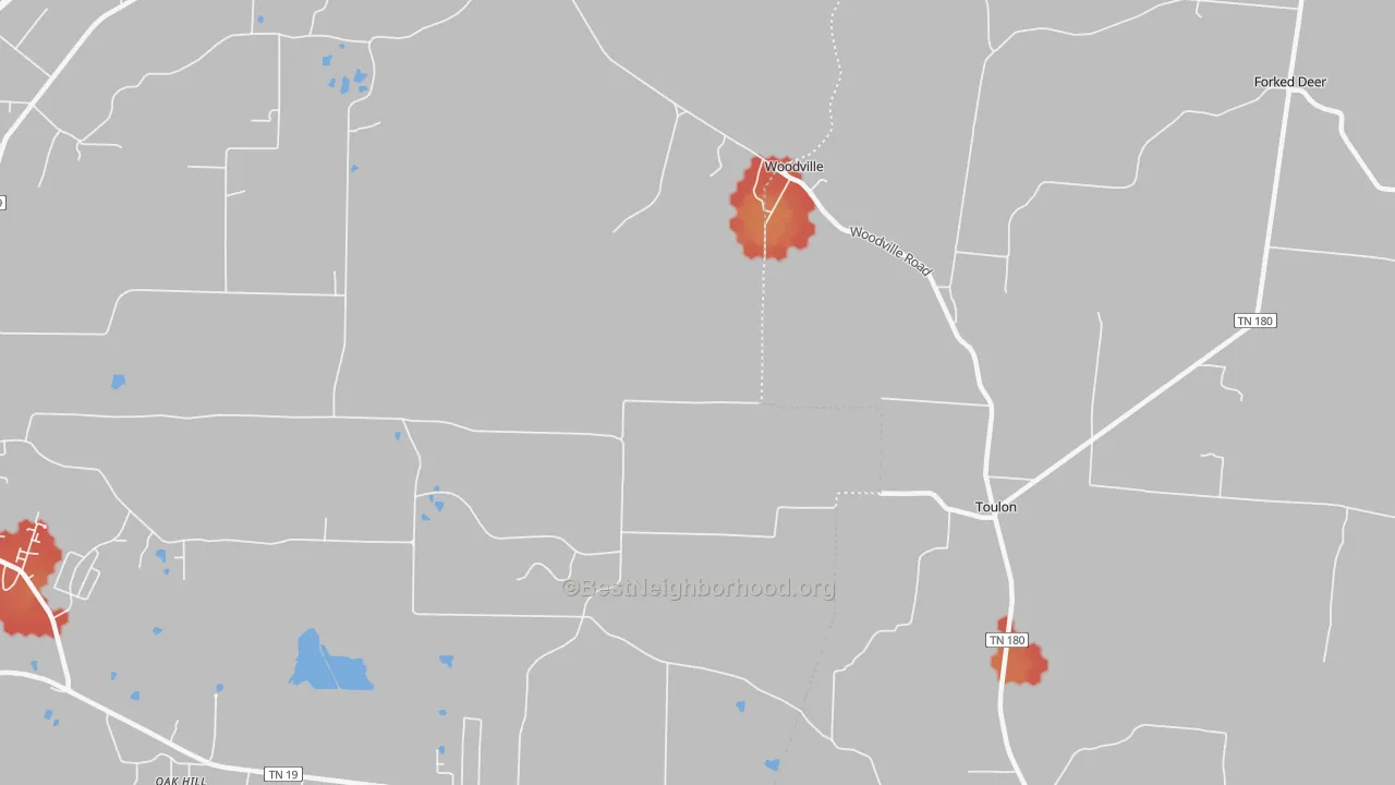 Walk Grade map of Woodville, TN, walkable areas in green and car-dependent areas in red