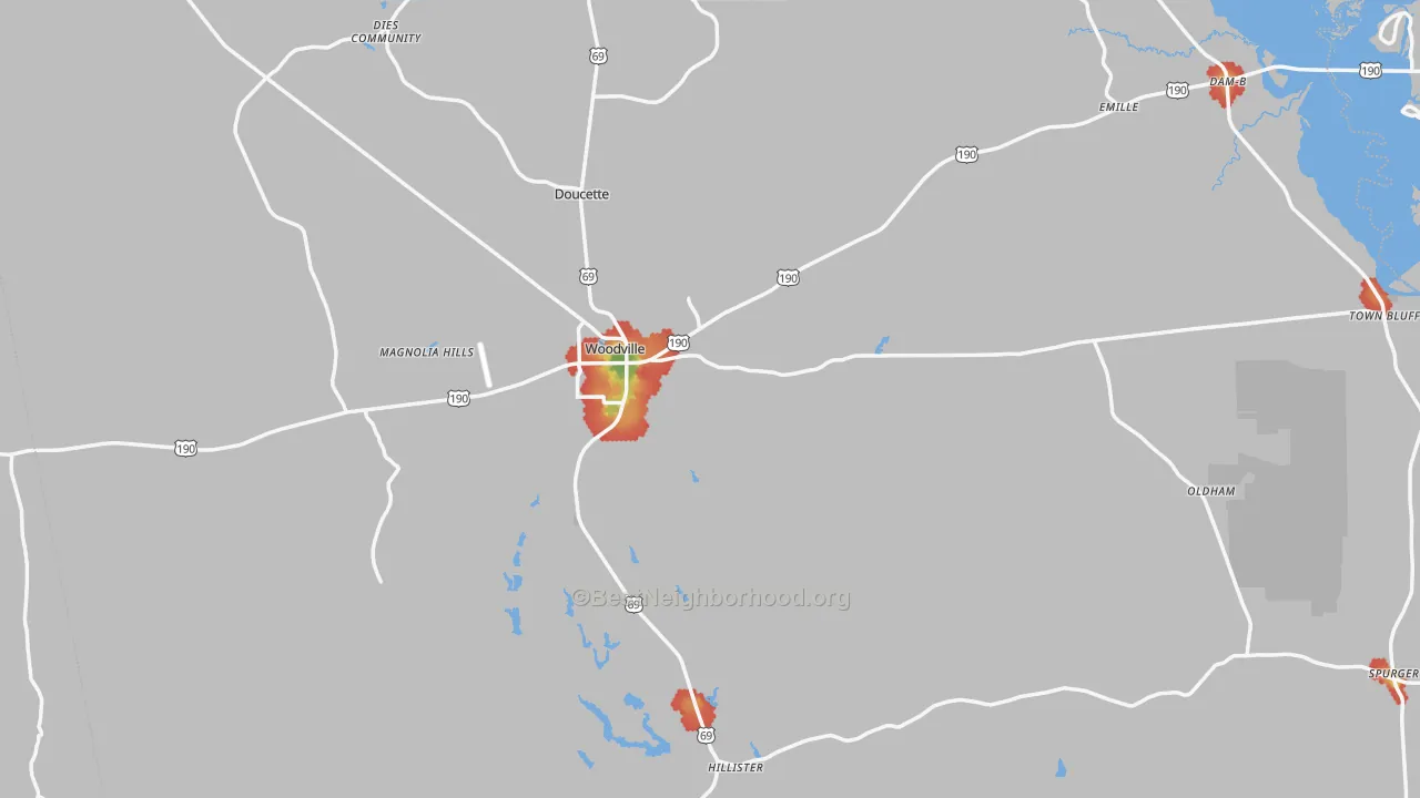 Walk Grade map of Woodville, TX, walkable areas in green and car-dependent areas in red