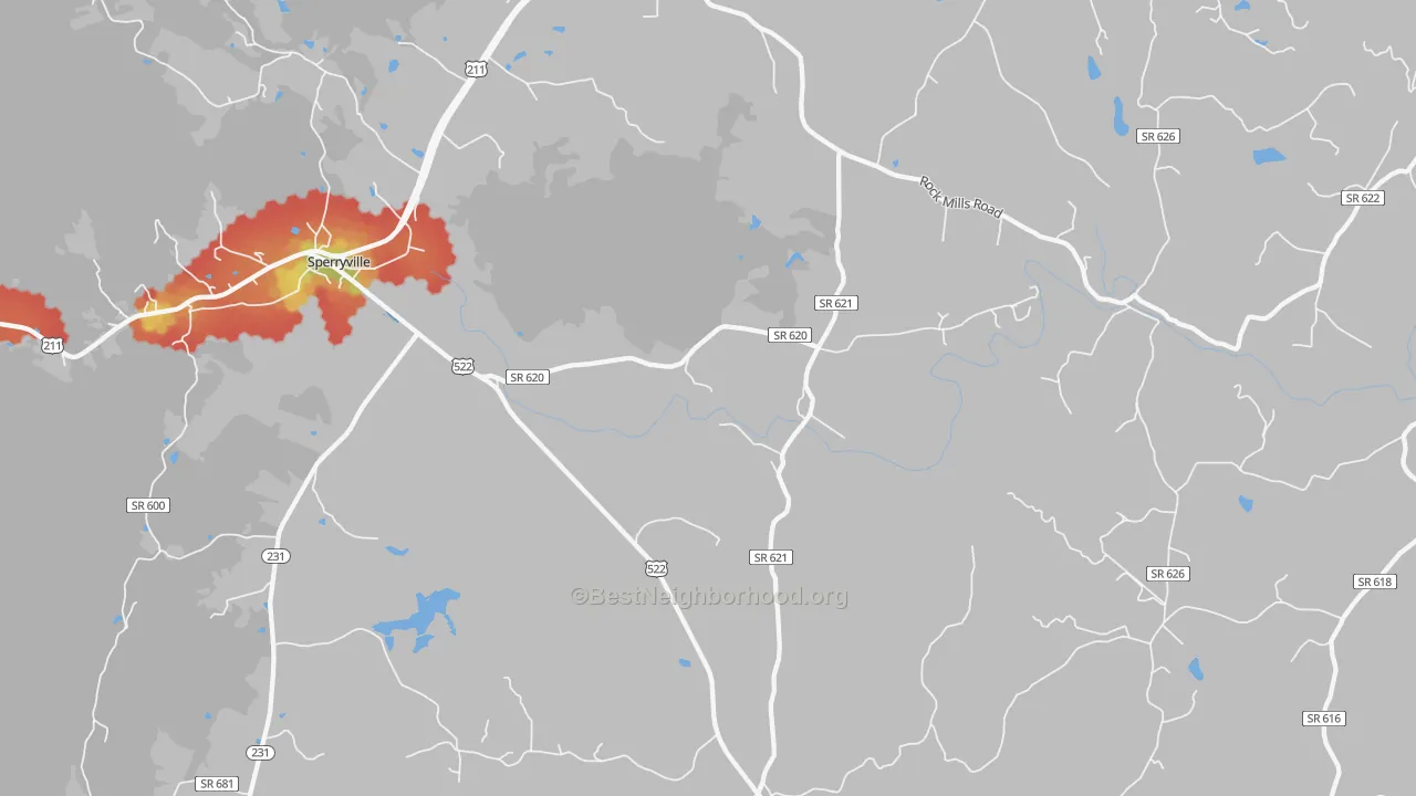 Walk Grade map of Woodville, VA, walkable areas in green and car-dependent areas in red