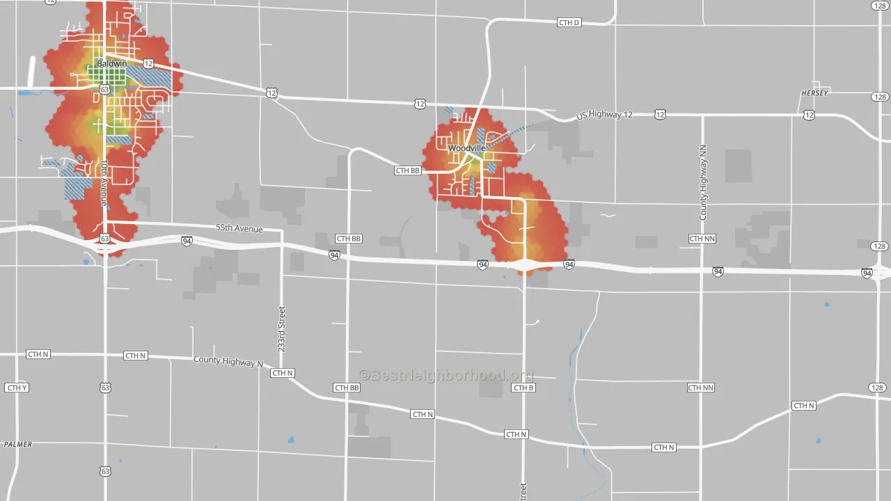 Walk Grade map of Woodville, WI, walkable areas in green and car-dependent areas in red