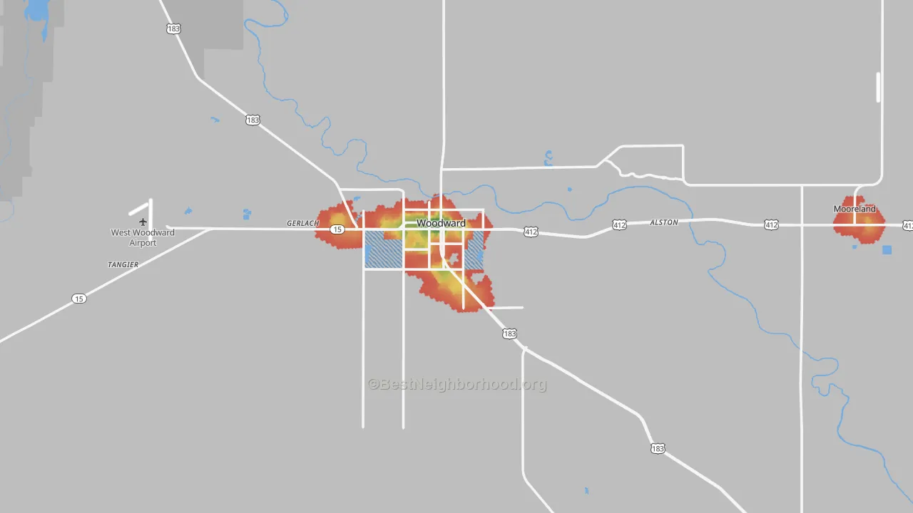 Walk Grade map of Woodward County, OK, walkable areas in green and car-dependent areas in red