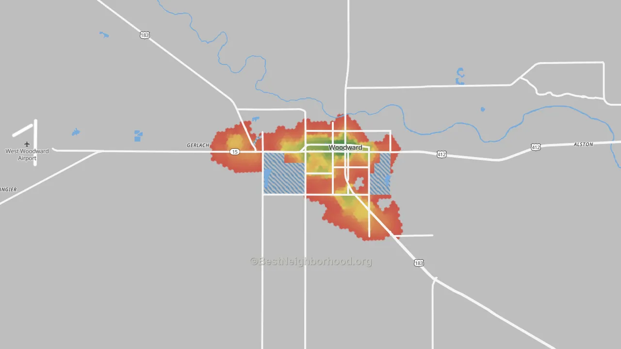 Walk Grade map of Woodward, OK, walkable areas in green and car-dependent areas in red