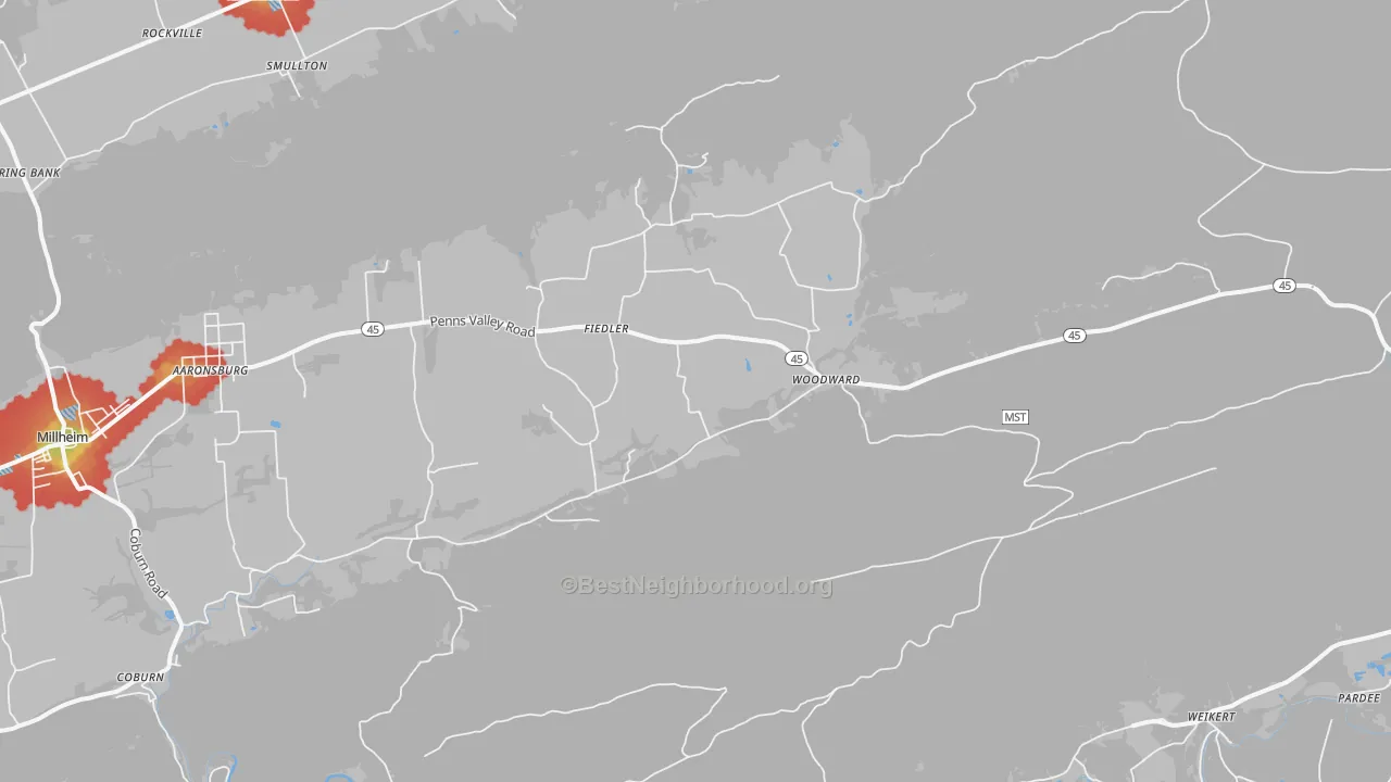 Walk Grade map of Woodward, PA, walkable areas in green and car-dependent areas in red
