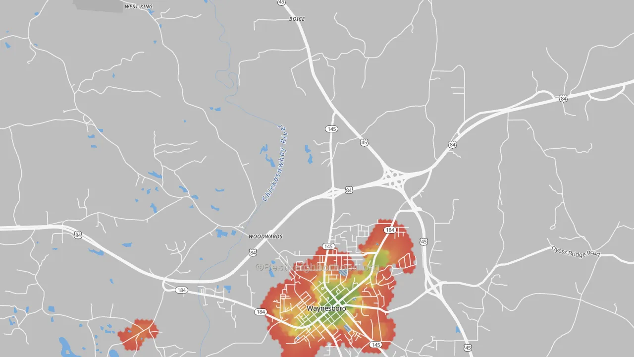 Walk Grade map of Woodwards, MS, walkable areas in green and car-dependent areas in red