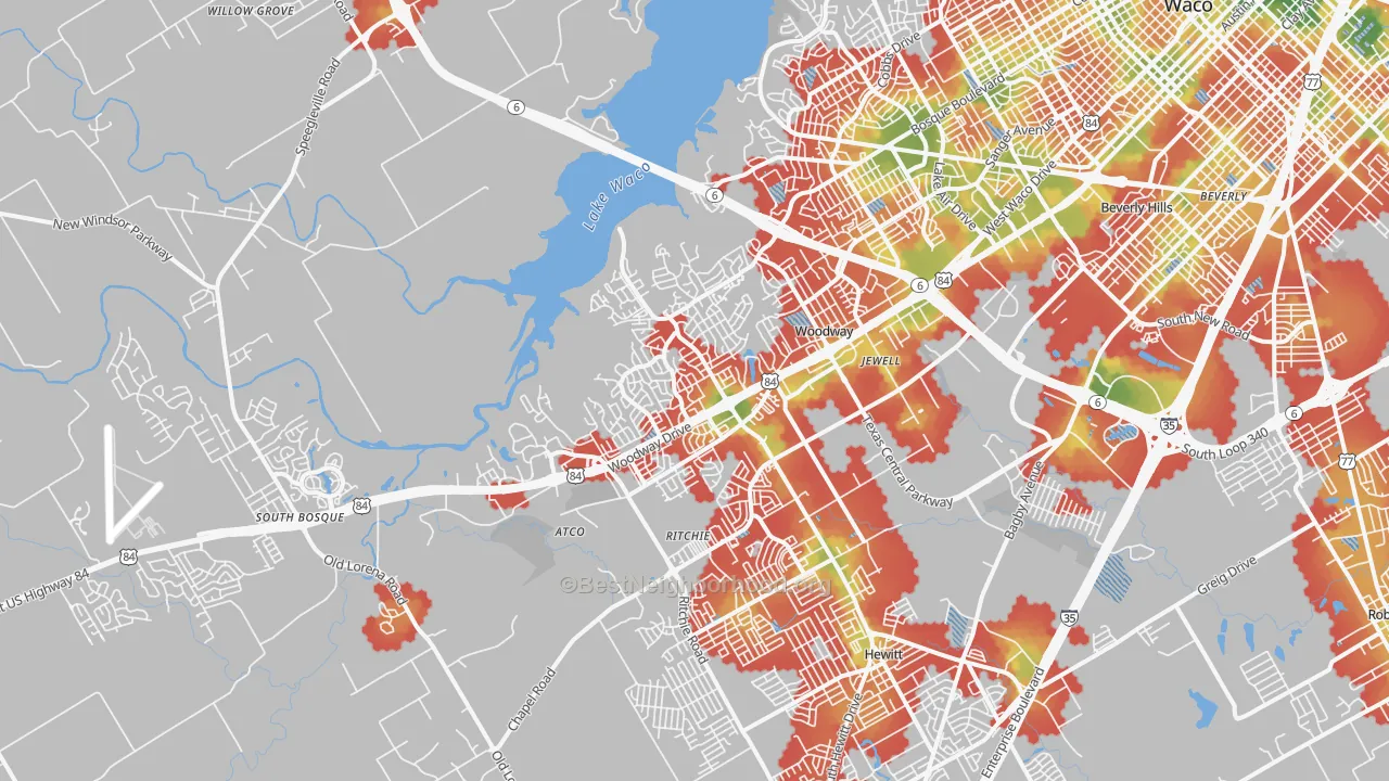Walk Grade map of Woodway, TX, walkable areas in green and car-dependent areas in red