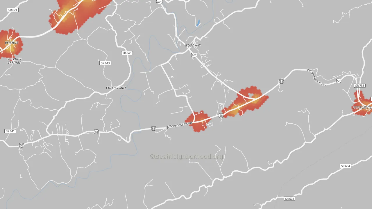 Walk Grade map of Woodway, VA, walkable areas in green and car-dependent areas in red