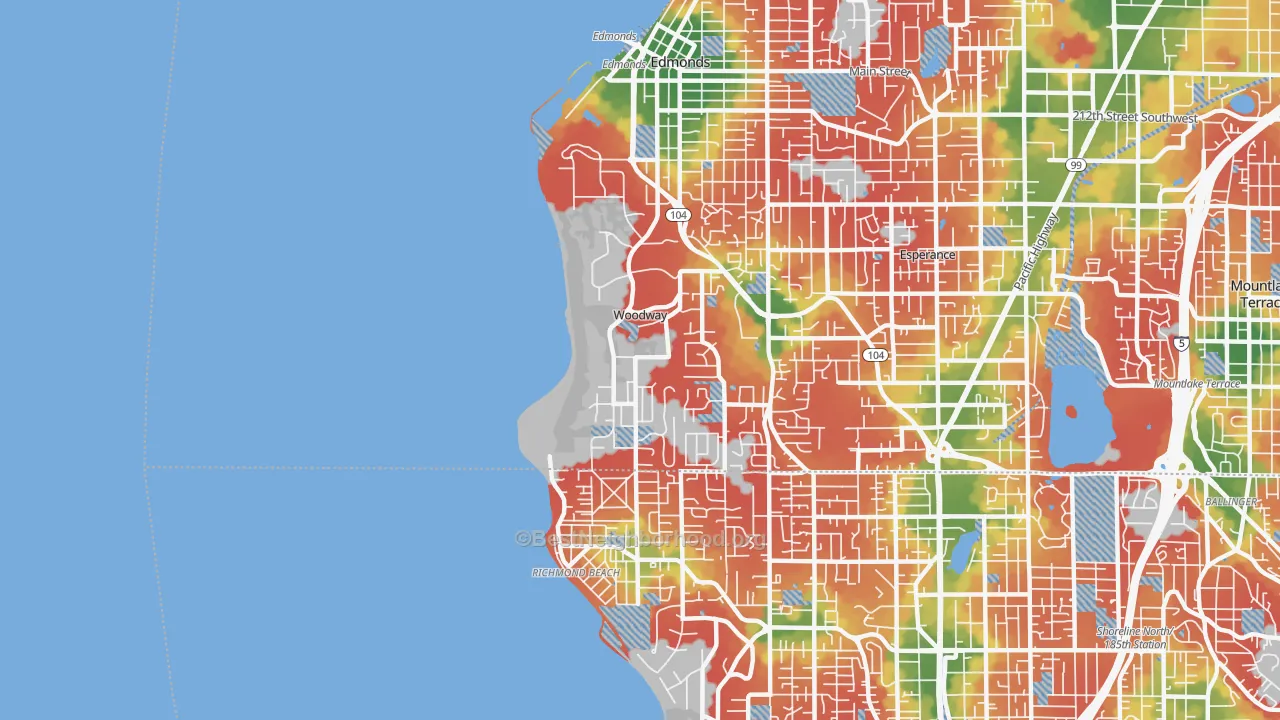 Walk Grade map of Woodway, WA, walkable areas in green and car-dependent areas in red