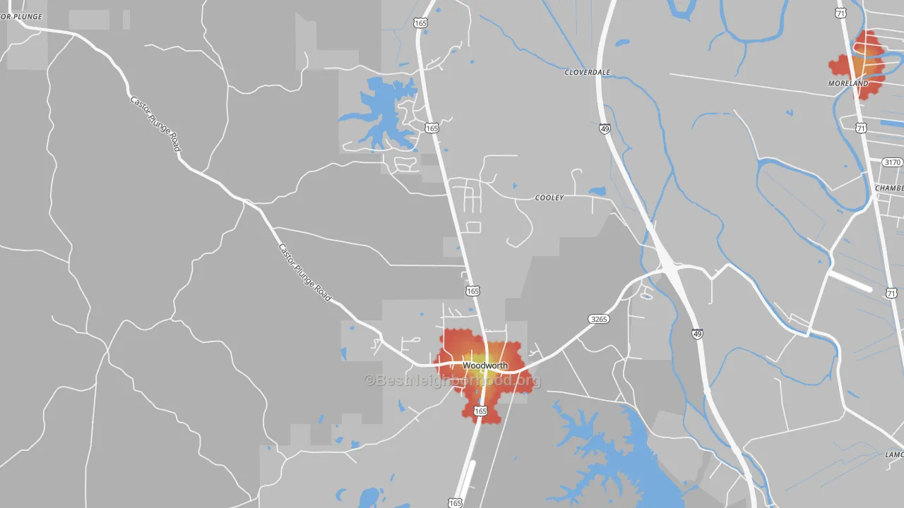 Walk Grade map of Woodworth, LA, walkable areas in green and car-dependent areas in red