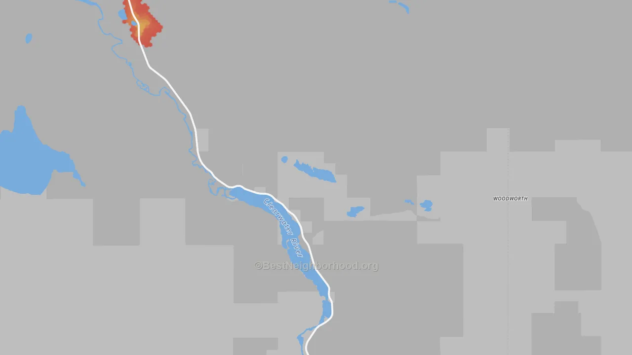 Walk Grade map of Woodworth, MT, walkable areas in green and car-dependent areas in red