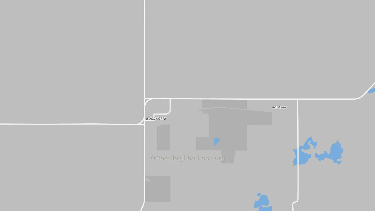 Walk Grade map of Woodworth, ND, walkable areas in green and car-dependent areas in red