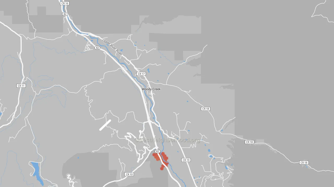 Walk Grade map of Woody Creek, CO, walkable areas in green and car-dependent areas in red