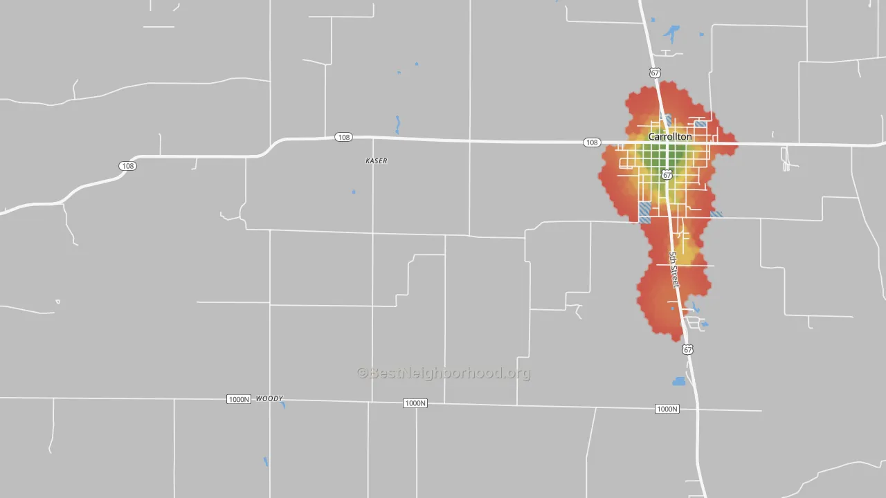 Walk Grade map of Woody, IL, walkable areas in green and car-dependent areas in red