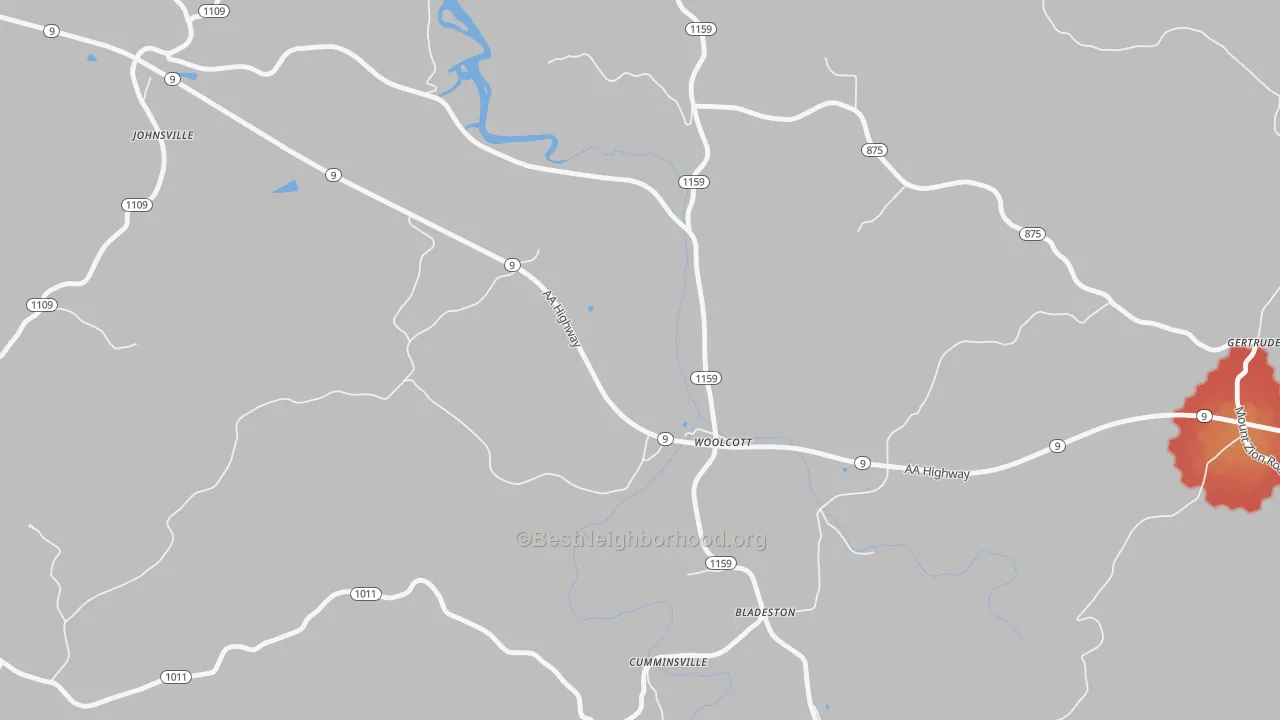 Walk Grade map of Woolcott, KY, walkable areas in green and car-dependent areas in red