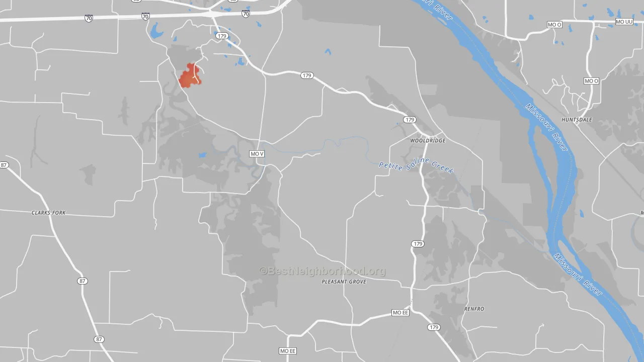 Walk Grade map of Wooldridge, MO, walkable areas in green and car-dependent areas in red