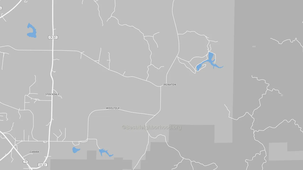 Walk Grade map of Woolfolk, AL, walkable areas in green and car-dependent areas in red