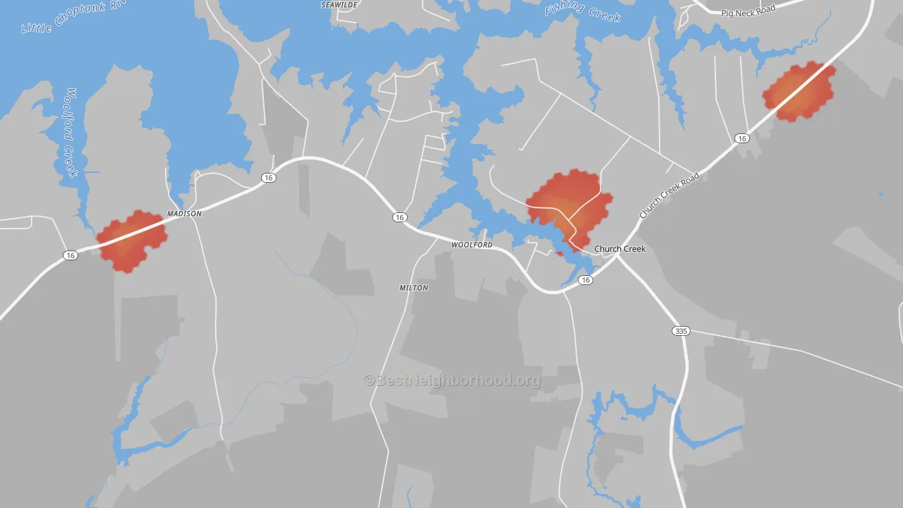 Walk Grade map of Woolford, MD, walkable areas in green and car-dependent areas in red