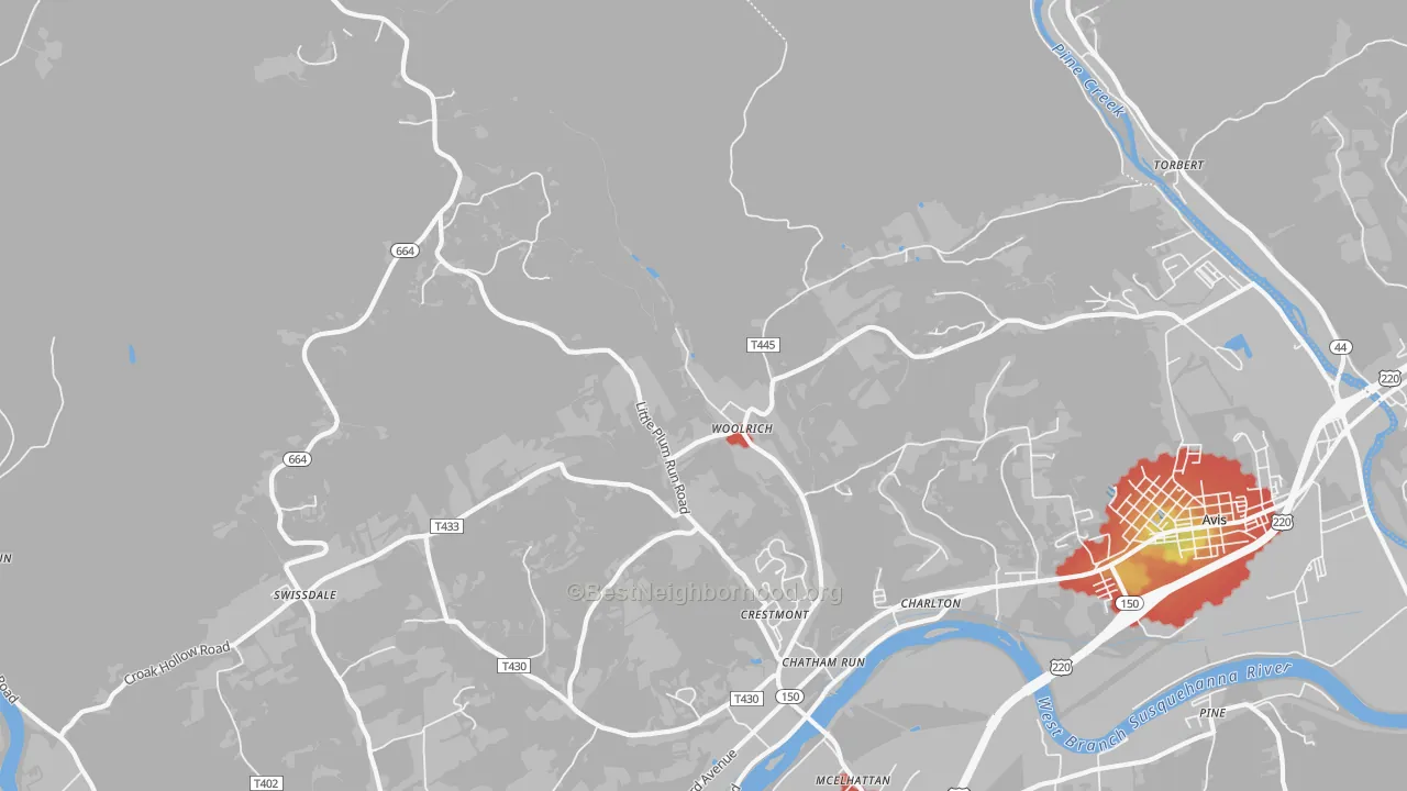 Walk Grade map of Woolrich, PA, walkable areas in green and car-dependent areas in red