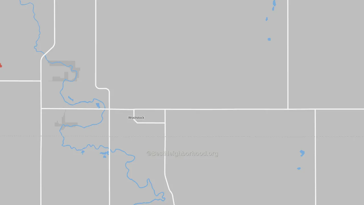 Walk Grade map of Woolstock, IA, walkable areas in green and car-dependent areas in red