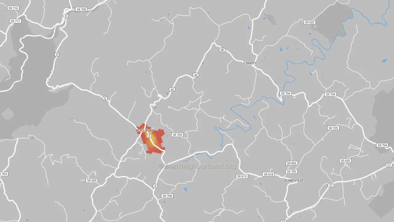 Walk Grade map of Woolwine, VA, walkable areas in green and car-dependent areas in red