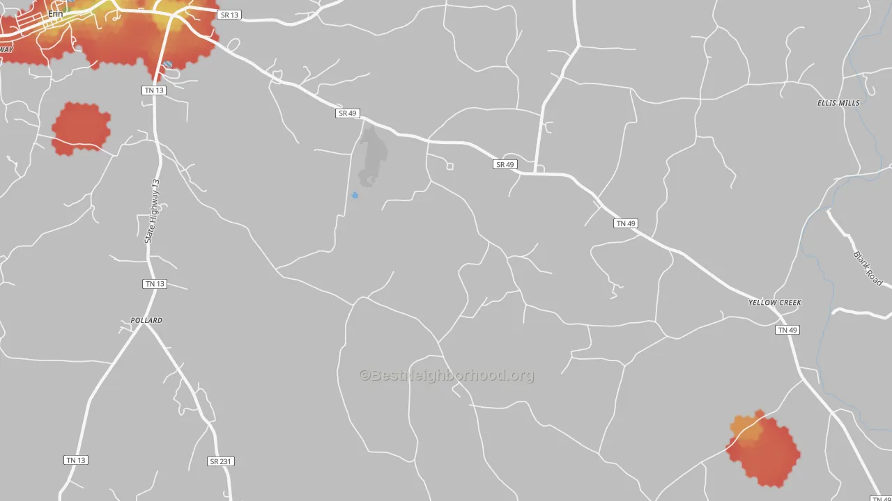 Walk Grade map of Woolworth, TN, walkable areas in green and car-dependent areas in red