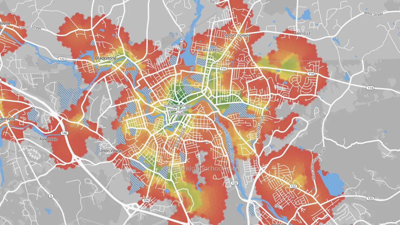 Walk Grade map of Woonsocket, RI, walkable areas in green and car-dependent areas in red