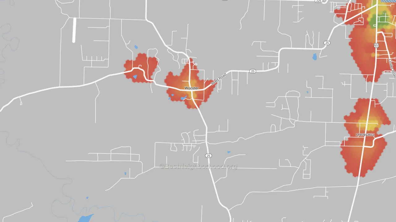 Walk Grade map of Wooster, AR, walkable areas in green and car-dependent areas in red