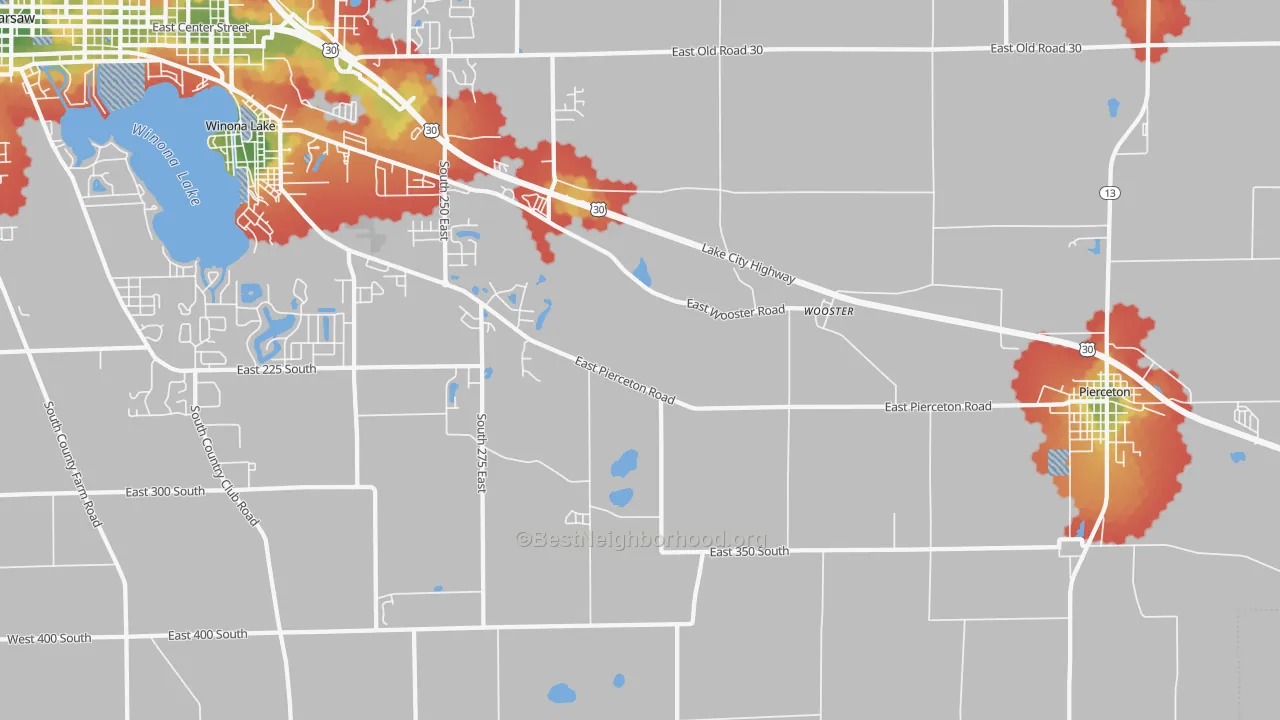 Walk Grade map of Wooster, IN, walkable areas in green and car-dependent areas in red