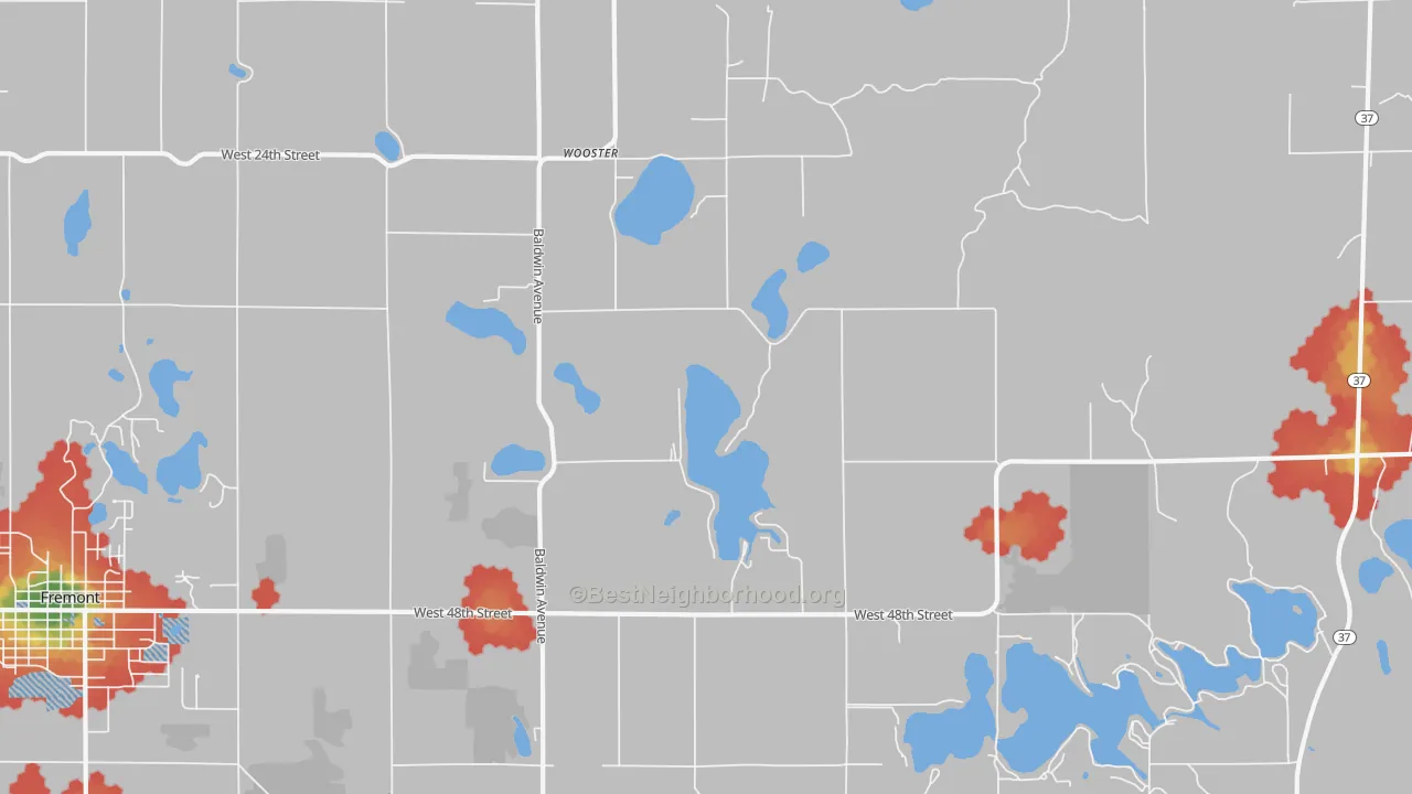 Walk Grade map of Wooster, MI, walkable areas in green and car-dependent areas in red