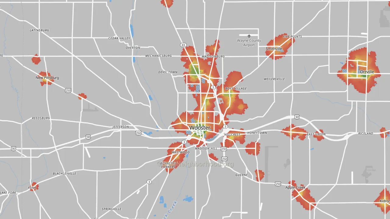 Walk Grade map of Wooster, OH, walkable areas in green and car-dependent areas in red