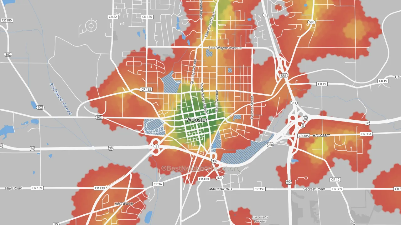 Walk Grade map of Wooster Public Square Historic District, Wooster, OH, walkable areas in green and car-dependent areas in red