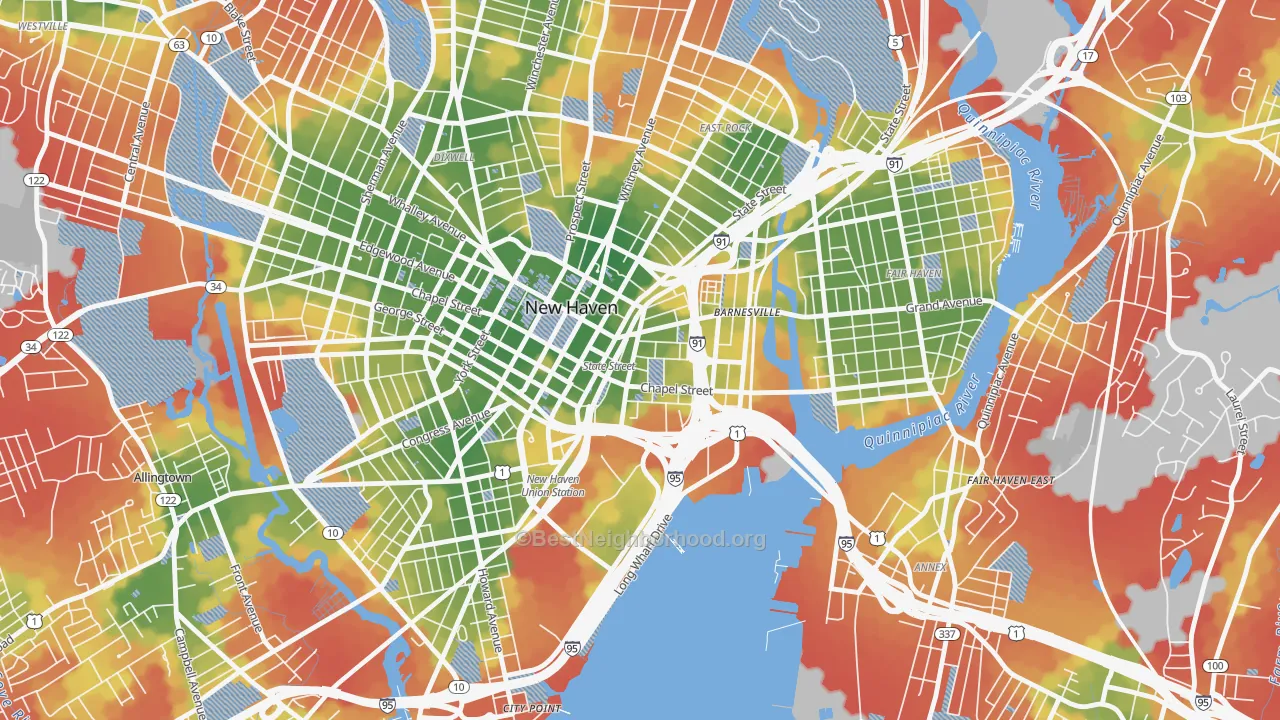 Walk Grade map of Wooster Square, New Haven, CT, walkable areas in green and car-dependent areas in red