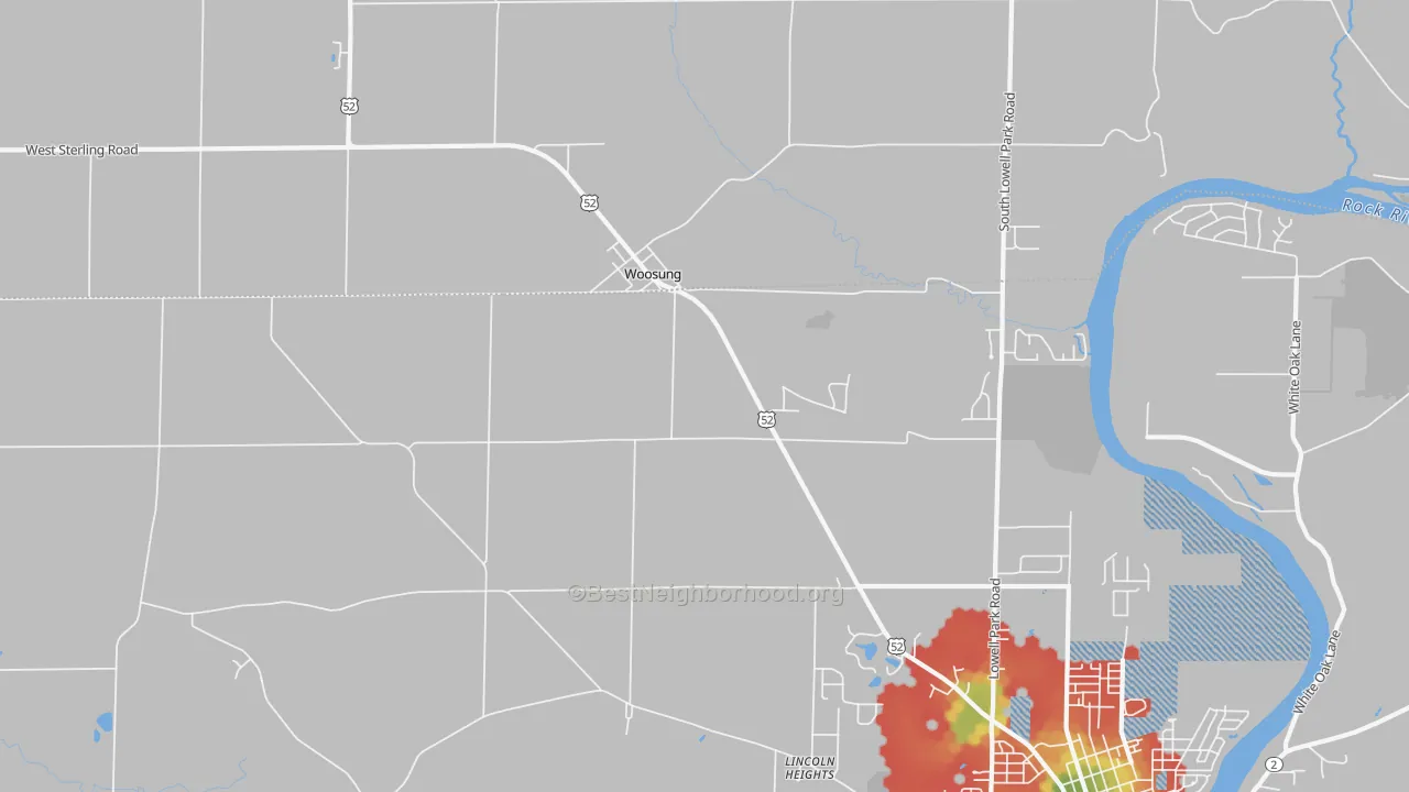Walk Grade map of Woosung, IL, walkable areas in green and car-dependent areas in red