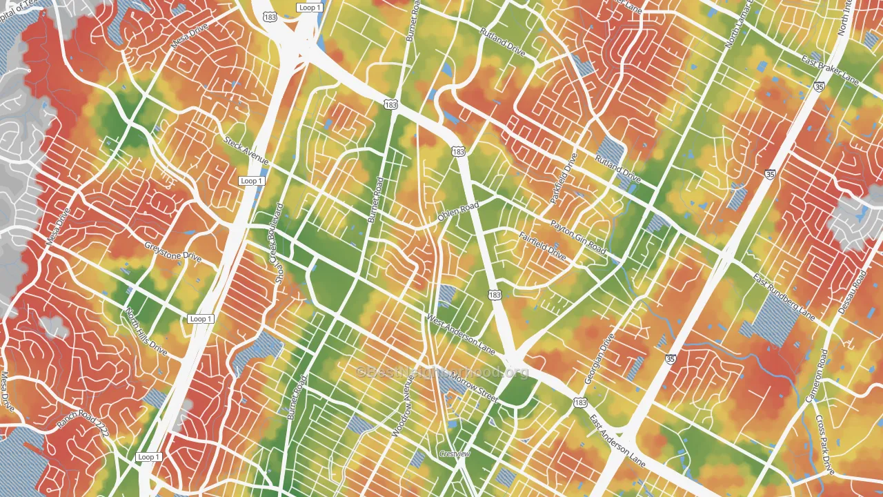 Walk Grade map of Wooten, Austin, TX, walkable areas in green and car-dependent areas in red
