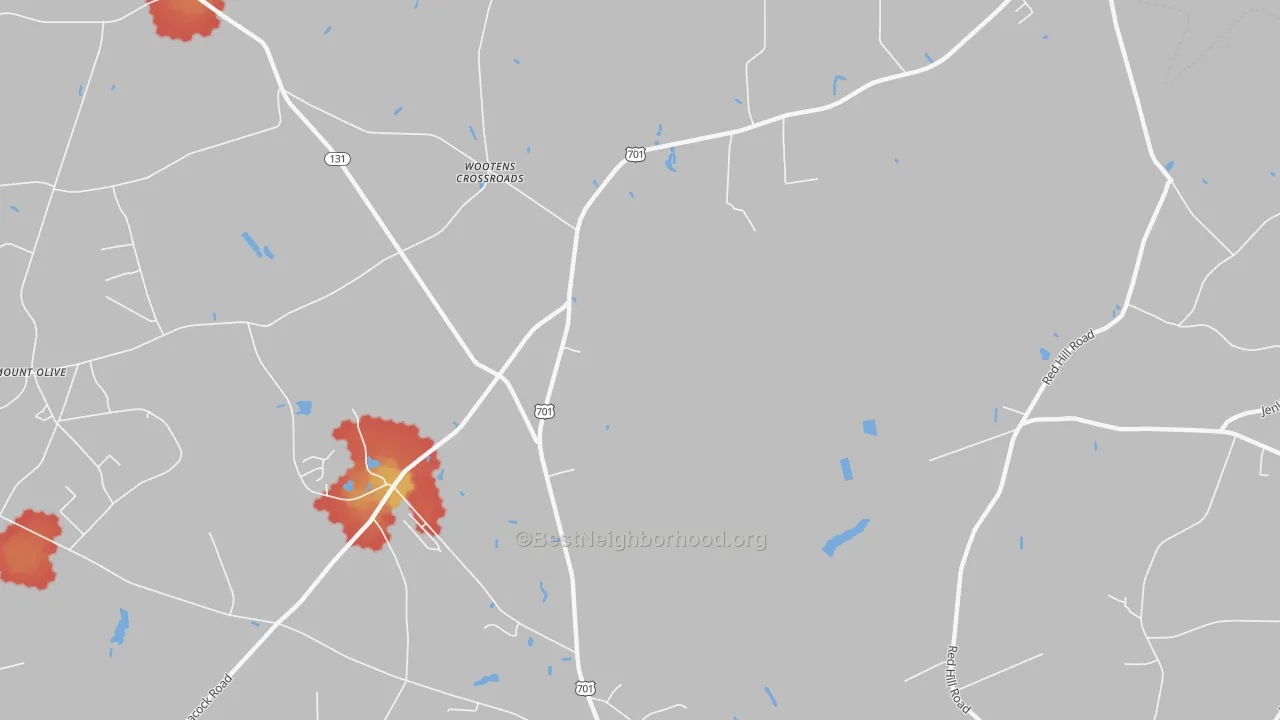 Walk Grade map of Wootens Crossroads, NC, walkable areas in green and car-dependent areas in red