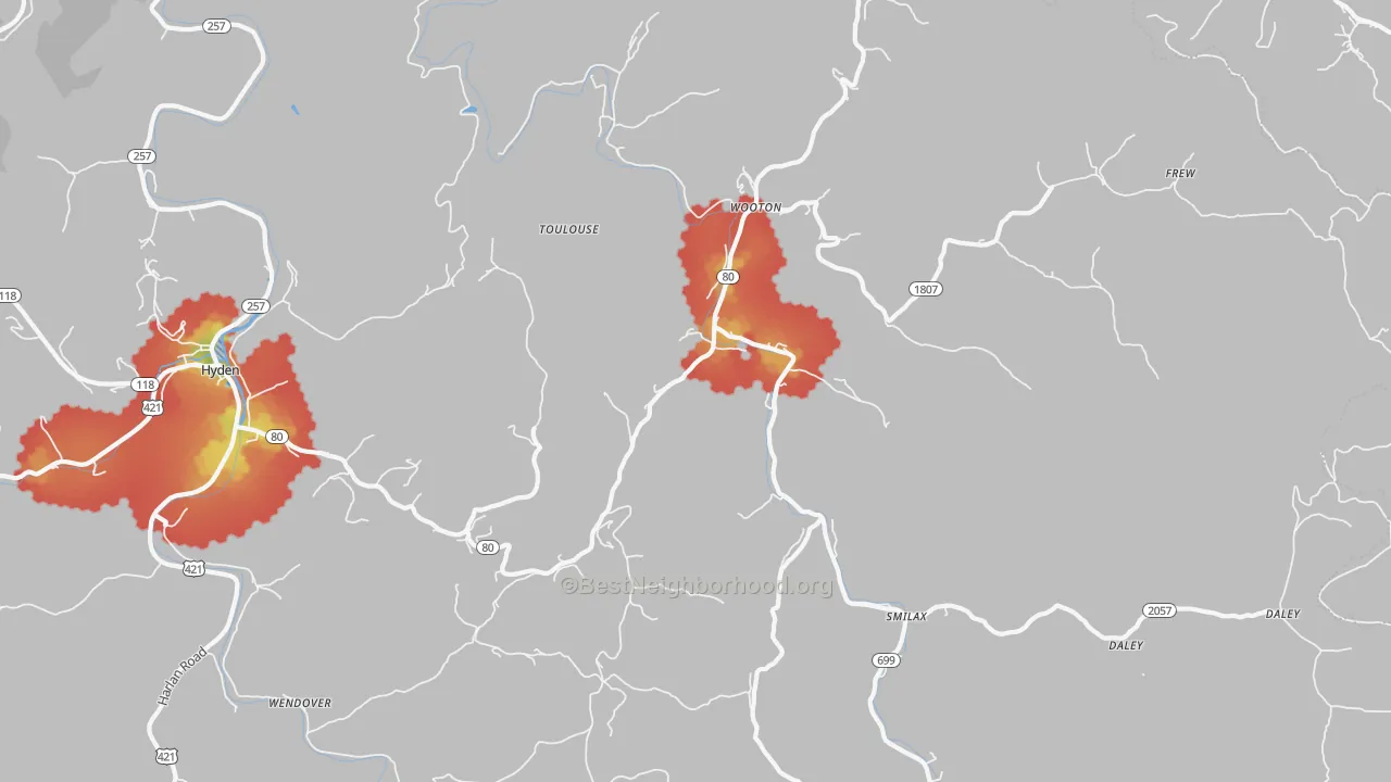 Walk Grade map of Wooton, KY, walkable areas in green and car-dependent areas in red