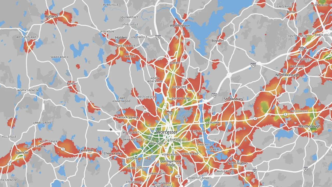 Walk Grade map of Worcester County, MA, walkable areas in green and car-dependent areas in red