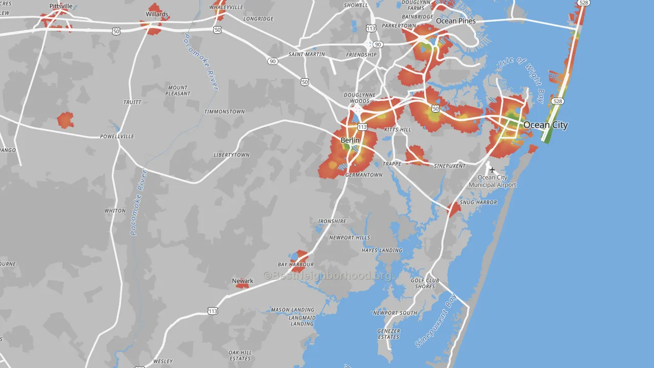Walk Grade map of Worcester County, MD, walkable areas in green and car-dependent areas in red