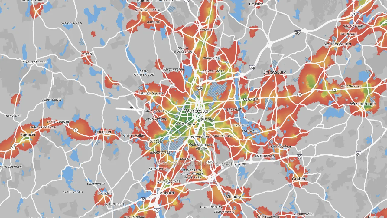 Walk Grade map of Worcester, MA, walkable areas in green and car-dependent areas in red