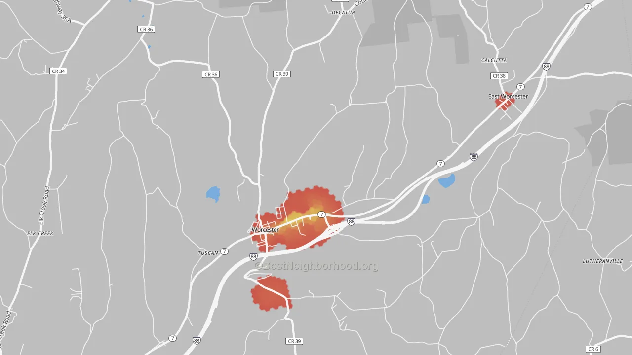 Walk Grade map of Worcester, NY, walkable areas in green and car-dependent areas in red