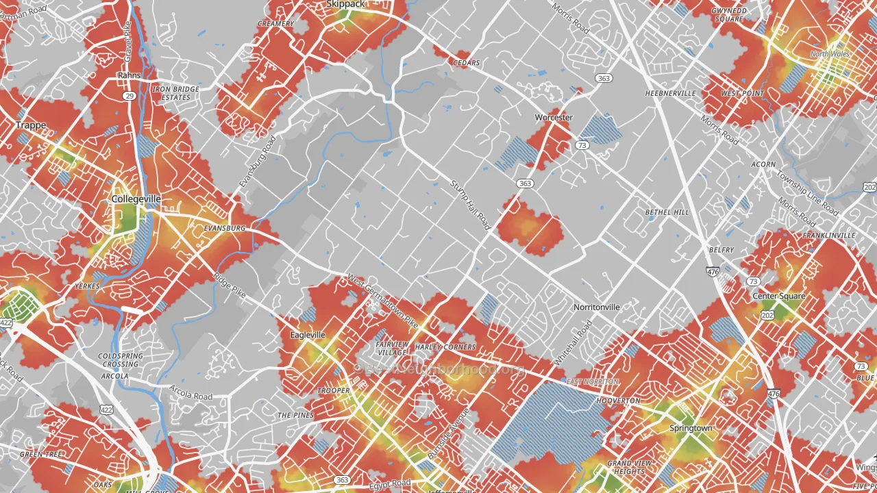 Walk Grade map of Worcester, PA, walkable areas in green and car-dependent areas in red