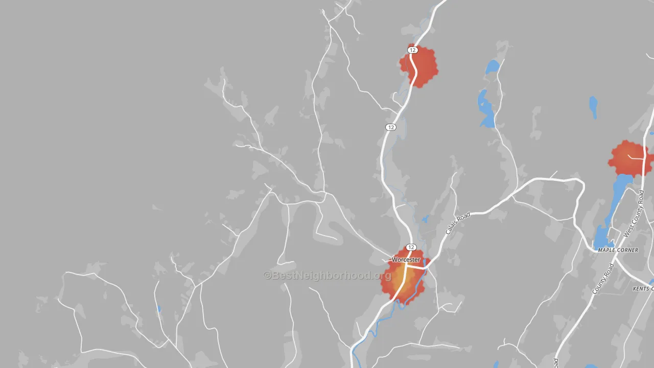 Walk Grade map of Worcester, VT, walkable areas in green and car-dependent areas in red