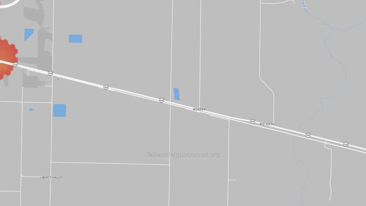 Walk Grade map of Worden, AR, walkable areas in green and car-dependent areas in red