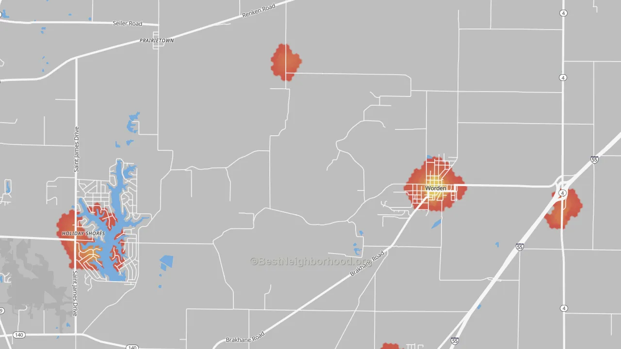Walk Grade map of Worden, IL, walkable areas in green and car-dependent areas in red