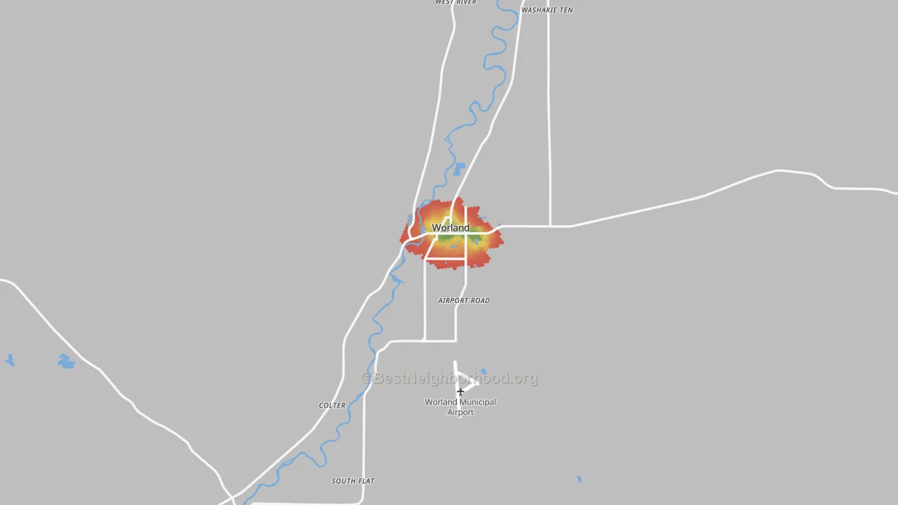 Walk Grade map of Worland, WY, walkable areas in green and car-dependent areas in red