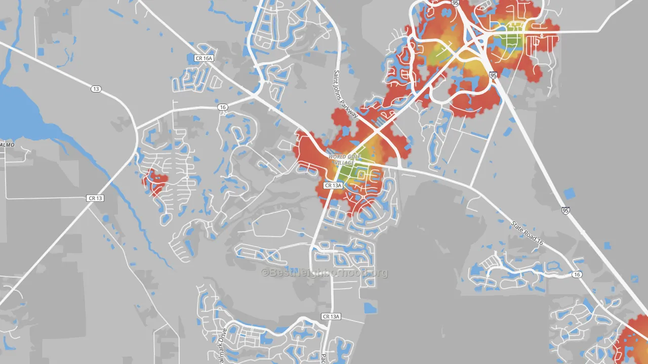 Walk Grade map of World Golf Village, FL, walkable areas in green and car-dependent areas in red