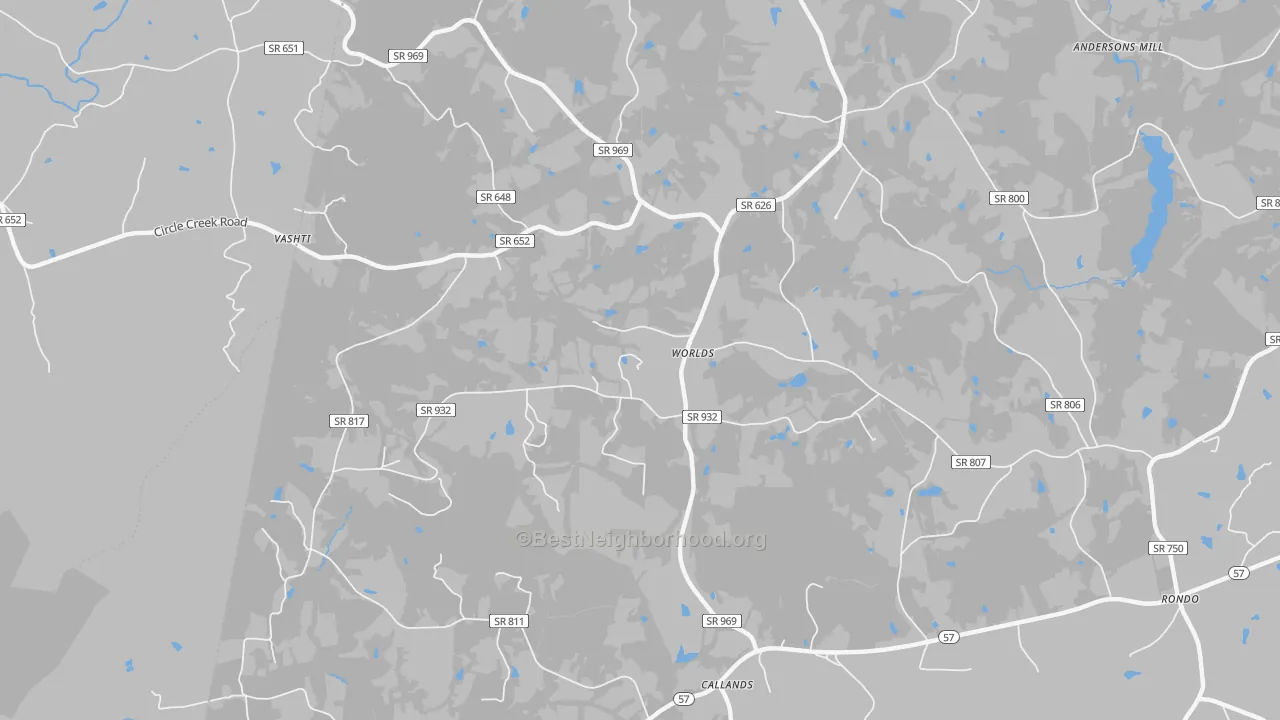 Walk Grade map of Worlds, VA, walkable areas in green and car-dependent areas in red