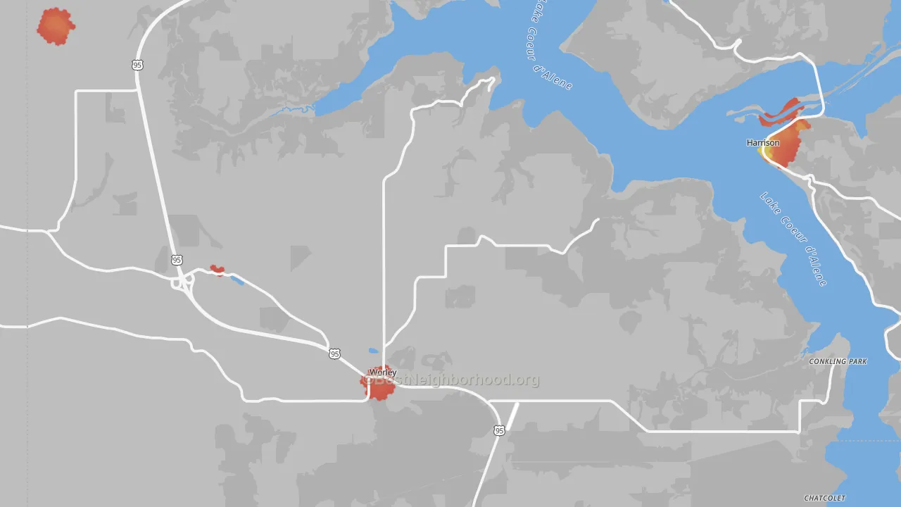 Walk Grade map of Worley, ID, walkable areas in green and car-dependent areas in red