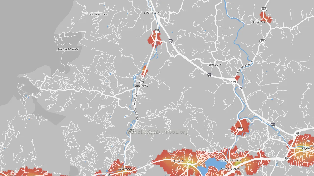Walk Grade map of Worley, NC, walkable areas in green and car-dependent areas in red