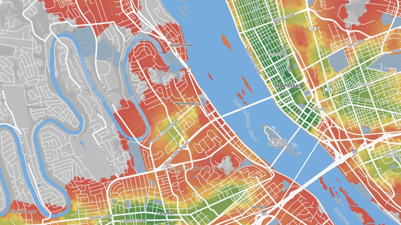 Walk Grade map of Wormleysburg, PA, walkable areas in green and car-dependent areas in red